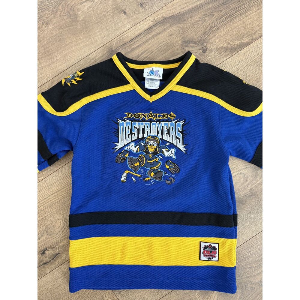 DISNEYLAND s Vintage VTG Donalds Destroyers Embroidered Hockey Jersey Blue Sport